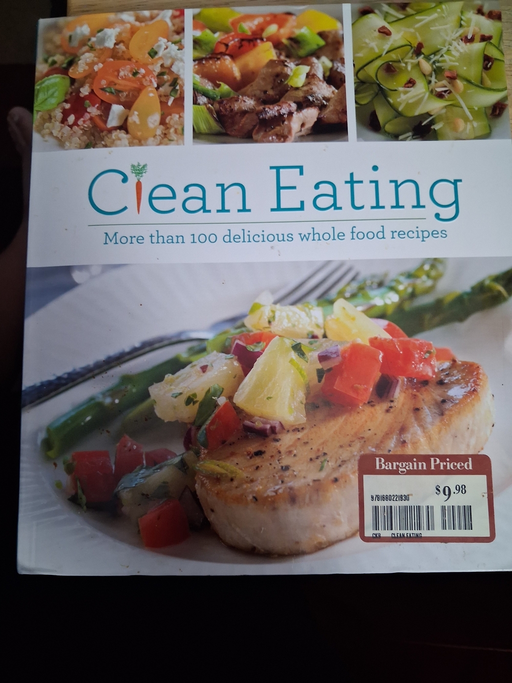 Source Unknown Clean Eating Cookbook — White & Teal Cover with Food Photography